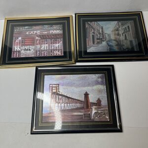Lot Of 3  Metallic Foil Art City Scenery Cafe 8x10